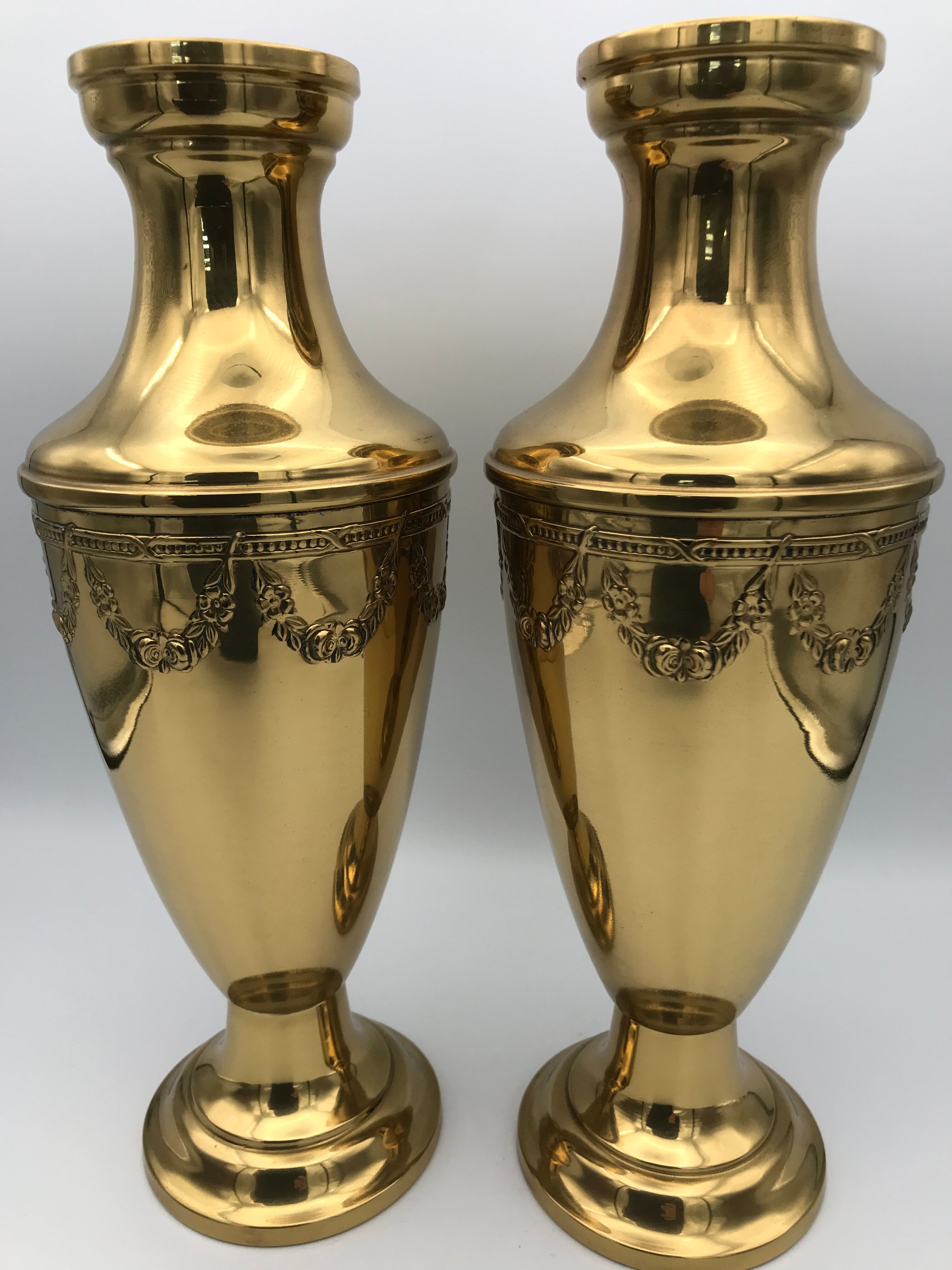 Pair of golden brass vases with floral frieze pattern 27.5 cm