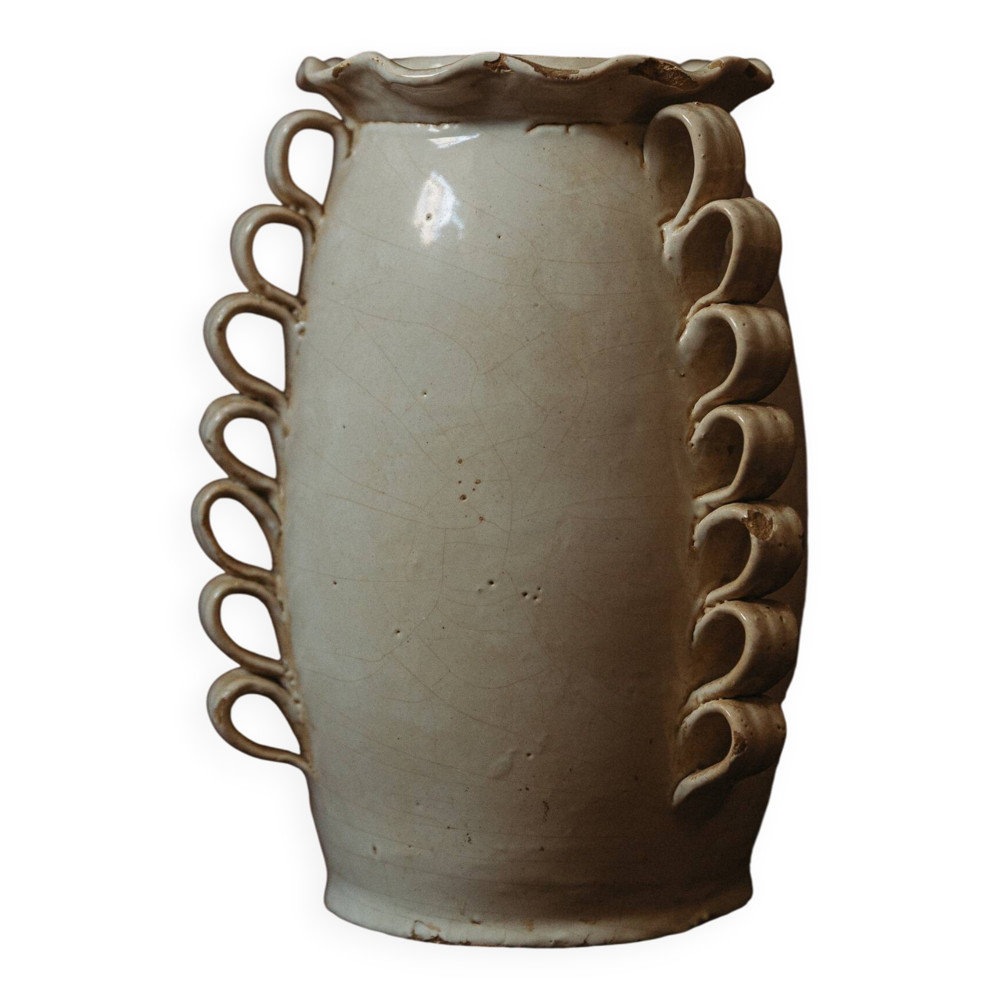 White glazed stoneware vase decorated with raised ribbons.