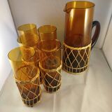 Carafe and 5 glasses set, amber glass and woven wicker, bohemian chic
