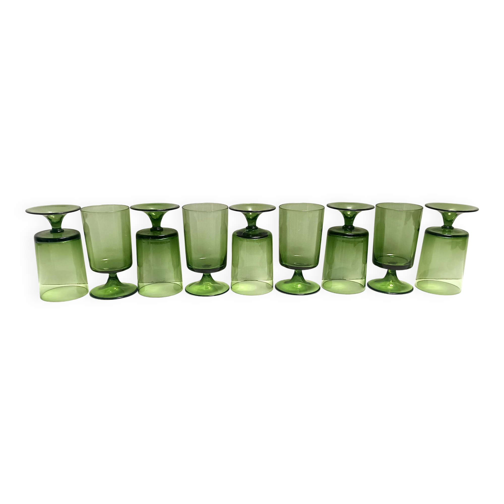 Set of Nine Green Hand-Blown Glass Drinking Glasses, Empoli, Italy