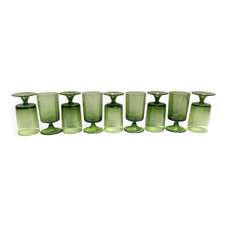 Set of Nine Green Hand-Blown Glass Drinking Glasses, Empoli, Italy