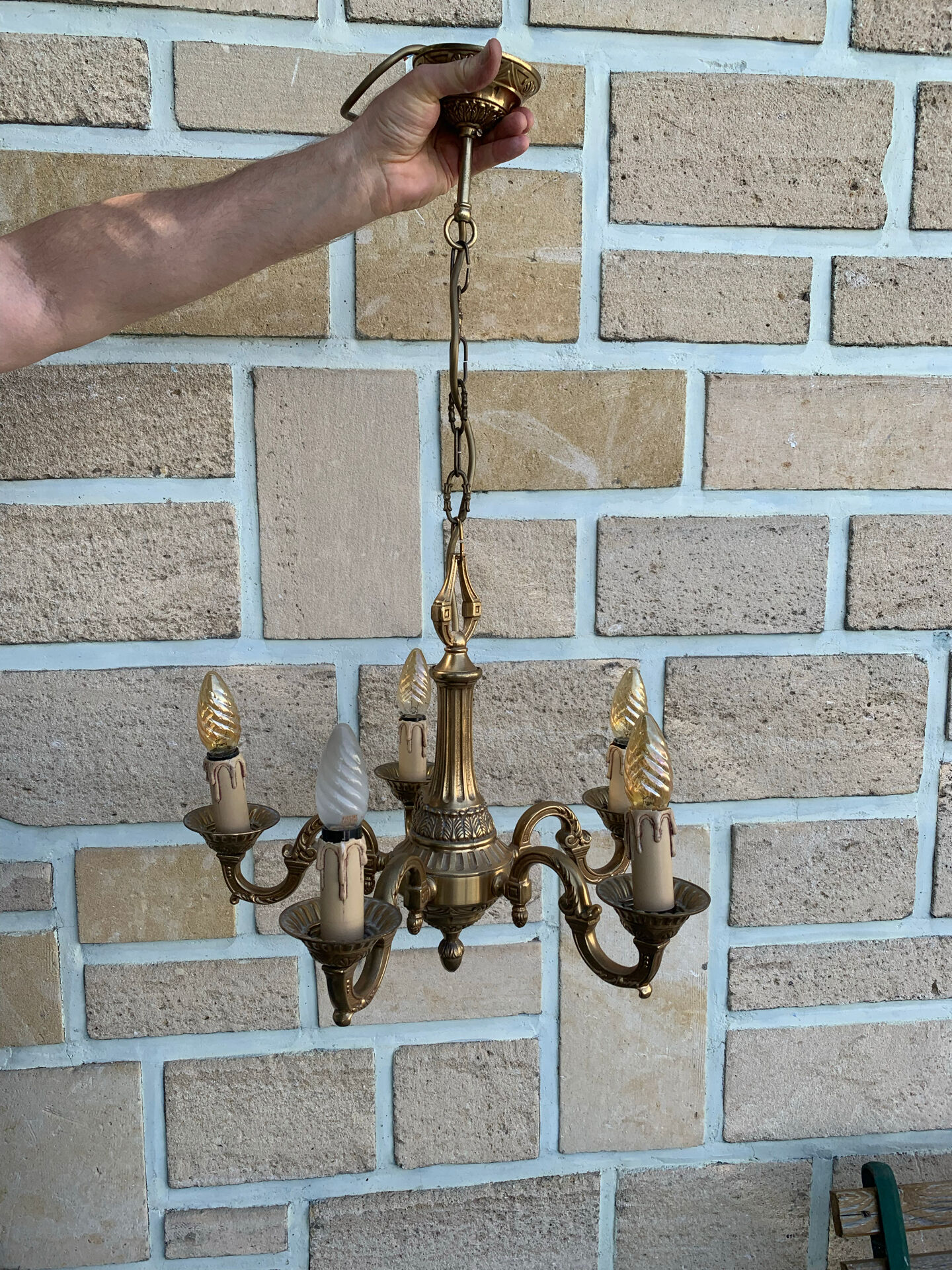 Elegant antique bronze chandelier with 5 light arms, in Louis XV style.