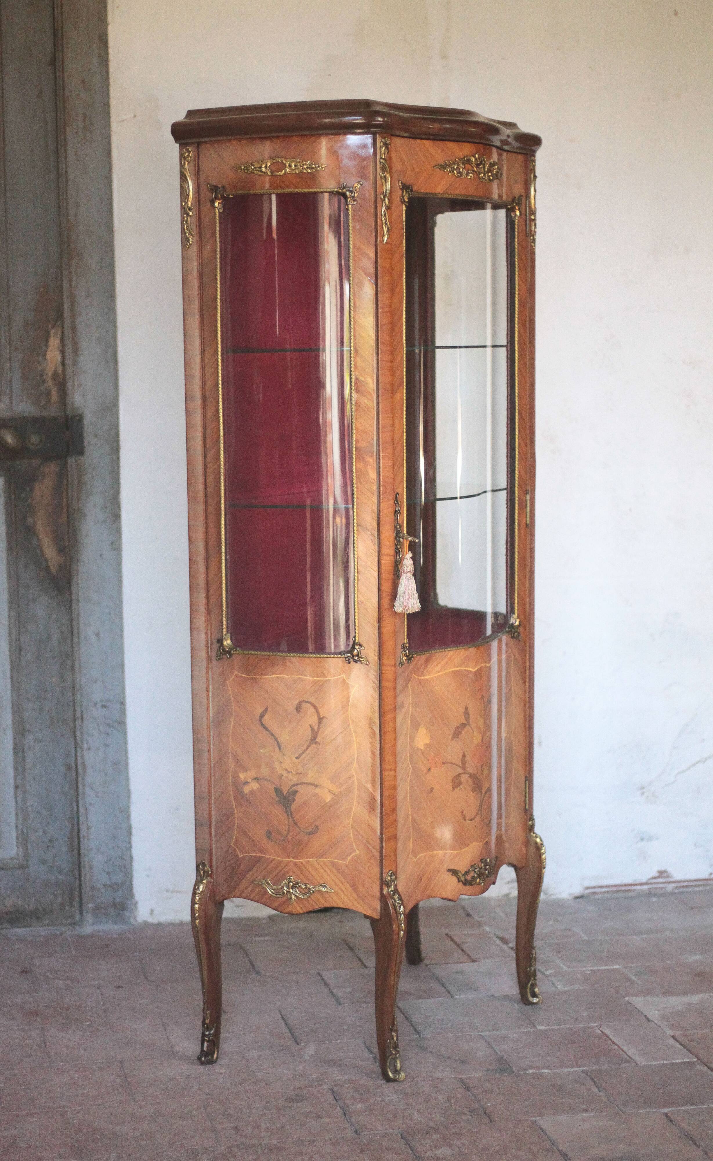 Marquetry display cabinet, curved Louis XV style, signed Marquant