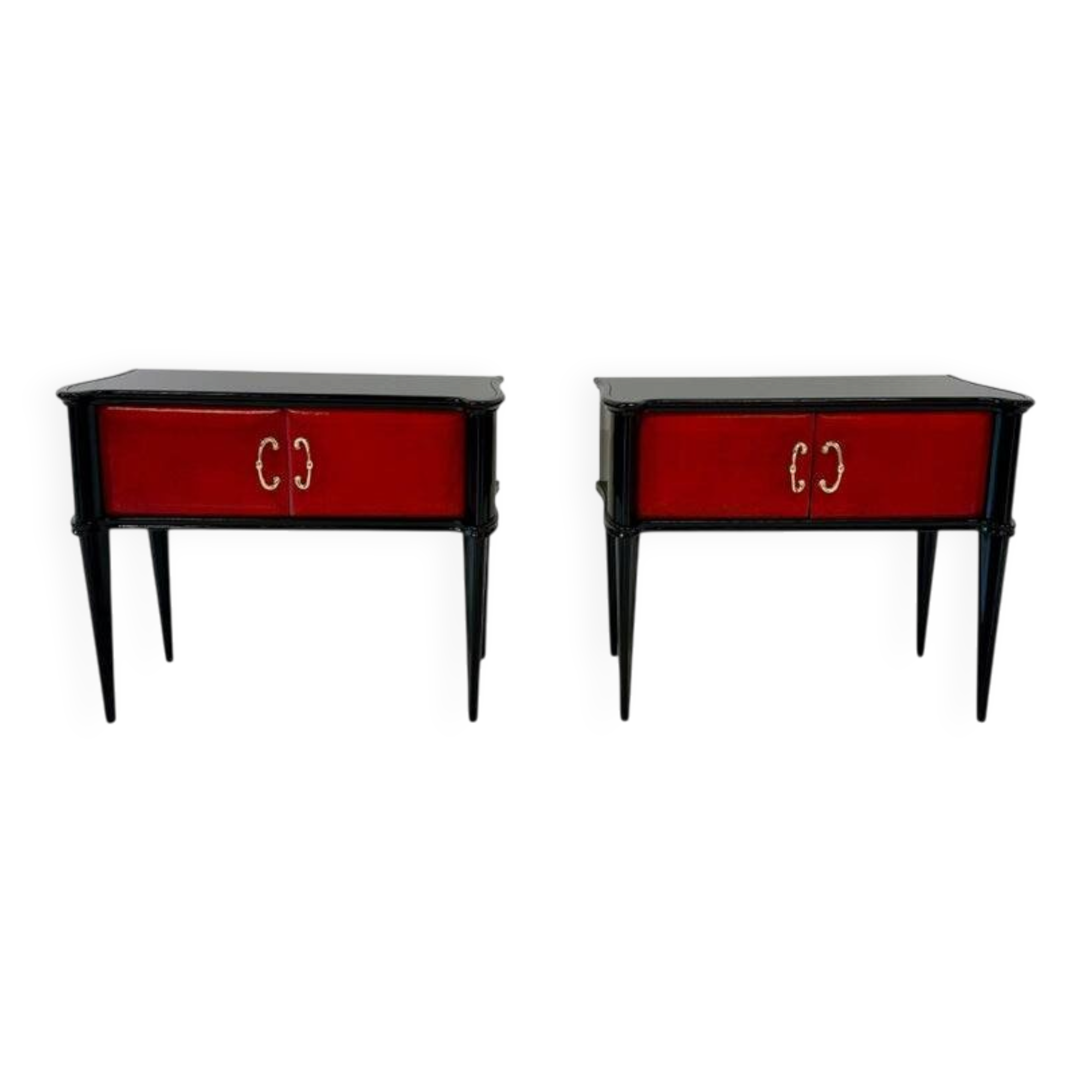 Pair of Italian Art Deco Nightstands in Red Parchment and Black Lacquer, 19