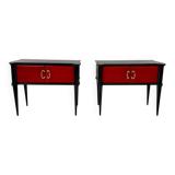 Pair of Italian Art Deco Nightstands in Red Parchment and Black Lacquer, 19