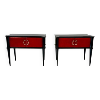Pair of Italian Art Deco Nightstands in Red Parchment and Black Lacquer, 19