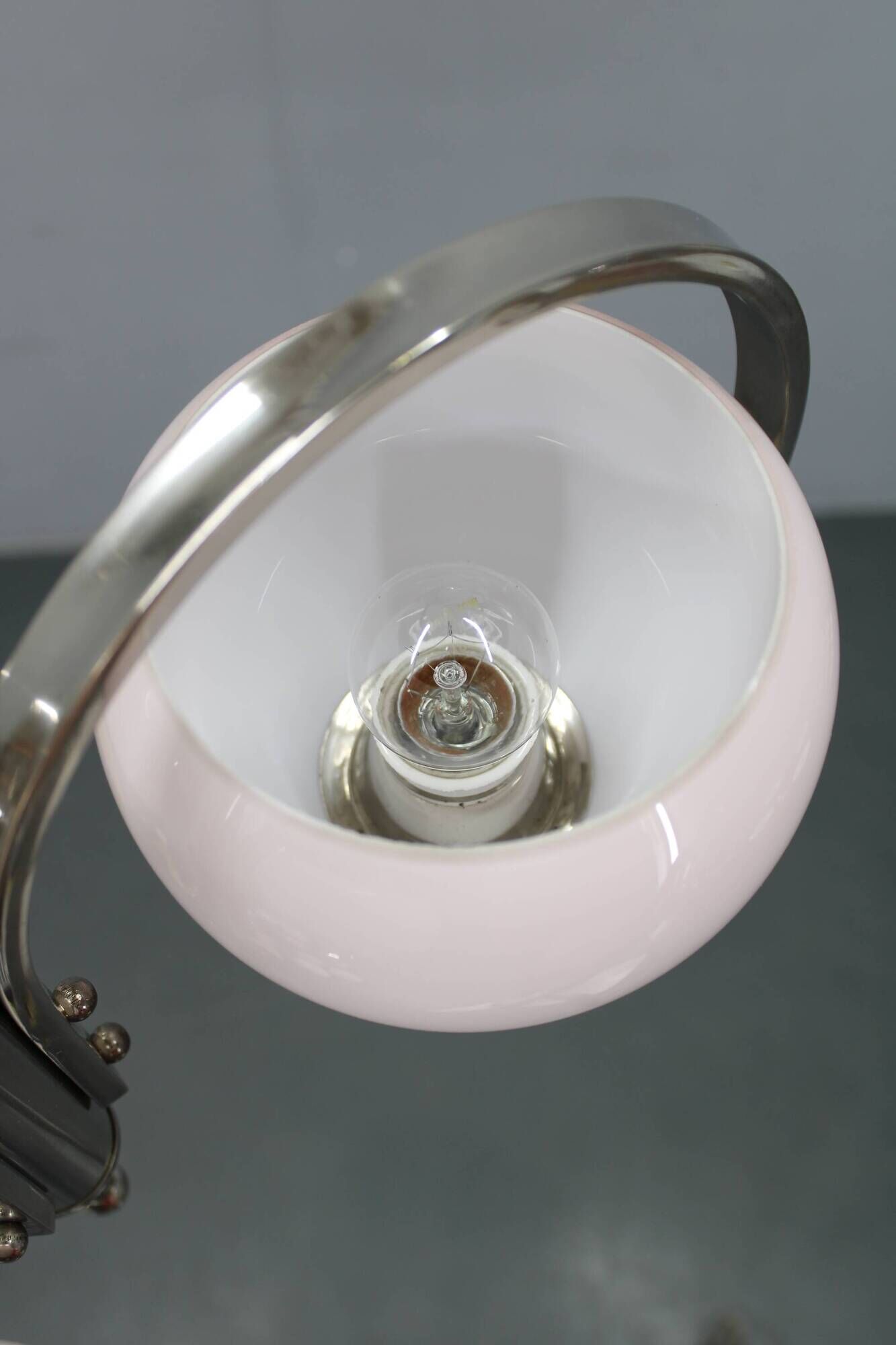 Art Deco nickel chandelier with light-pink opaline shades, Czechoslovakia, 1930s