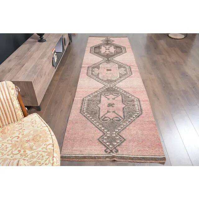 1970s Turkish Oushak Handmade Wool Cotton Pink Runner Rug 100x349