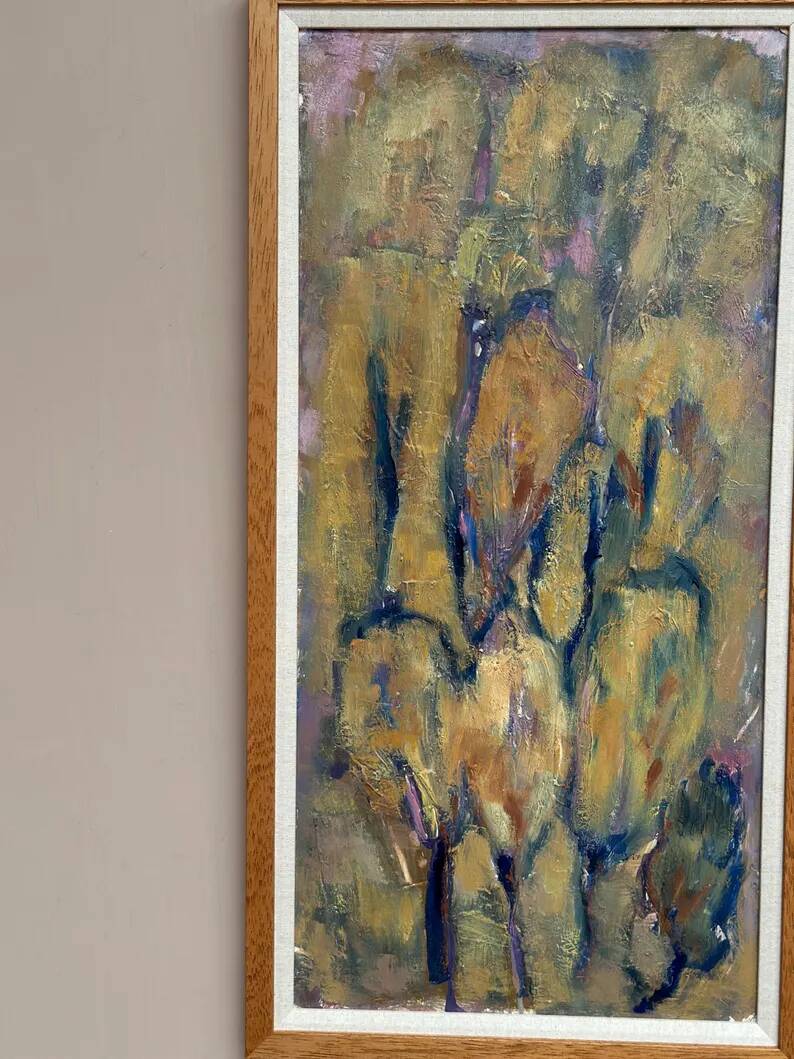 Large Swedish Oil on Panel – "Green Composition" – Signed – Vintage and Recently Framed – 77 × 41 cm (30.3 in × 16.1 in)