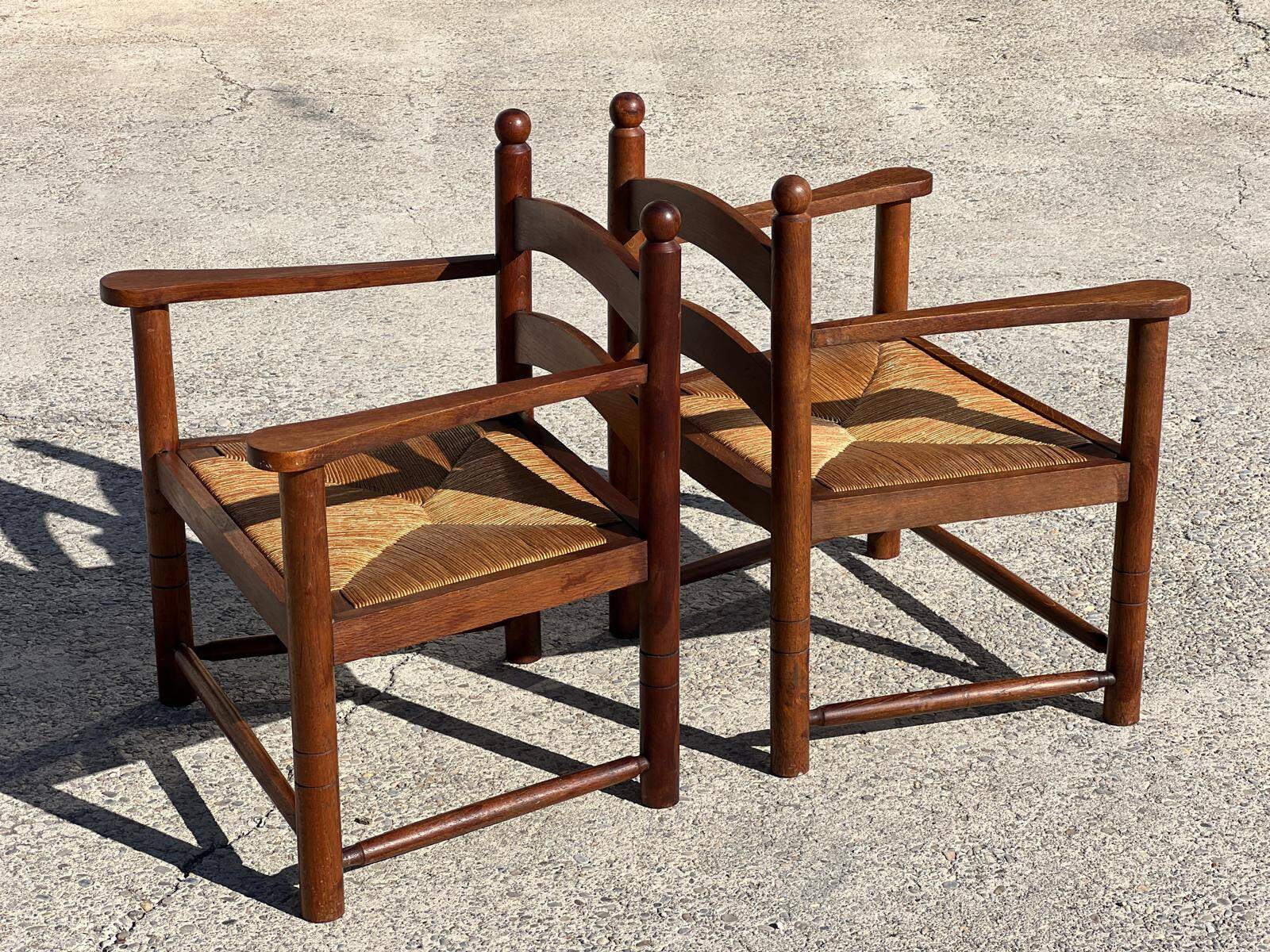 Paire de fauteuils bois et paille, travail français  1960