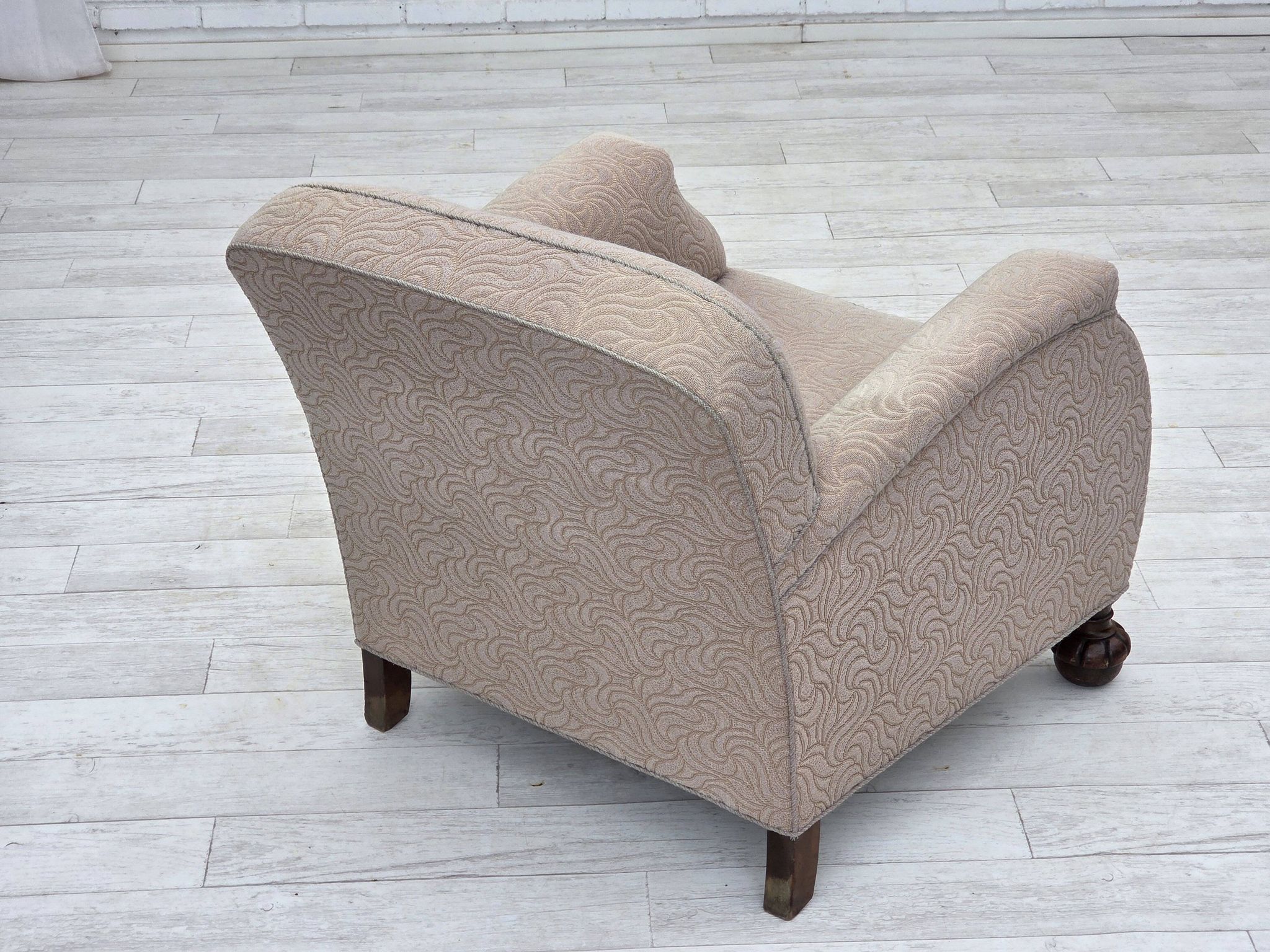 1950s, Danish artdeco armchair, furniture wool, oak wood legs.