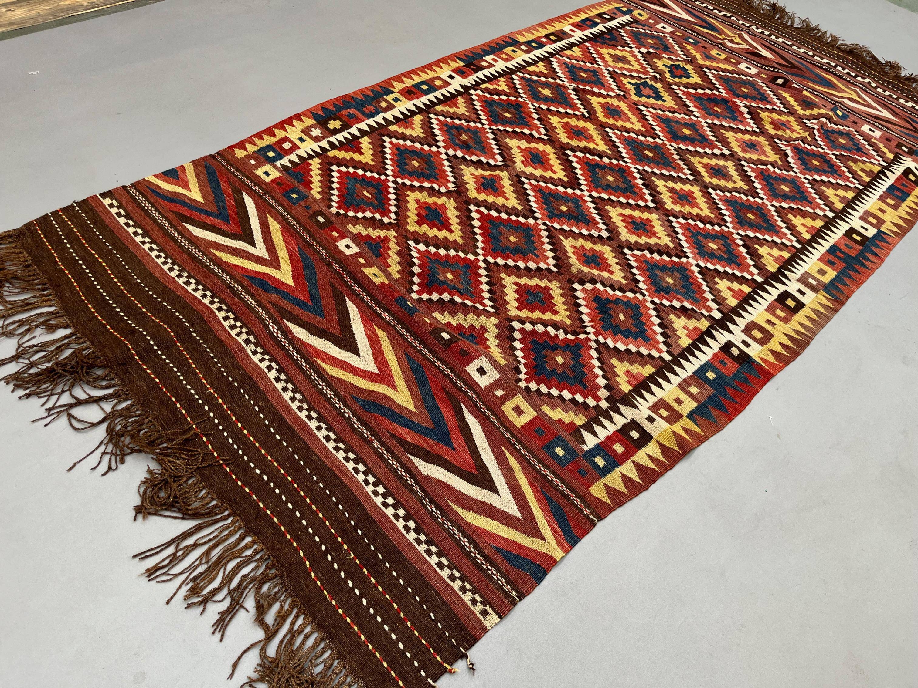 Vintage Afghan Tribal Kilim Wool Rug 390x185 cm Red, Orange, Brown, Black Large