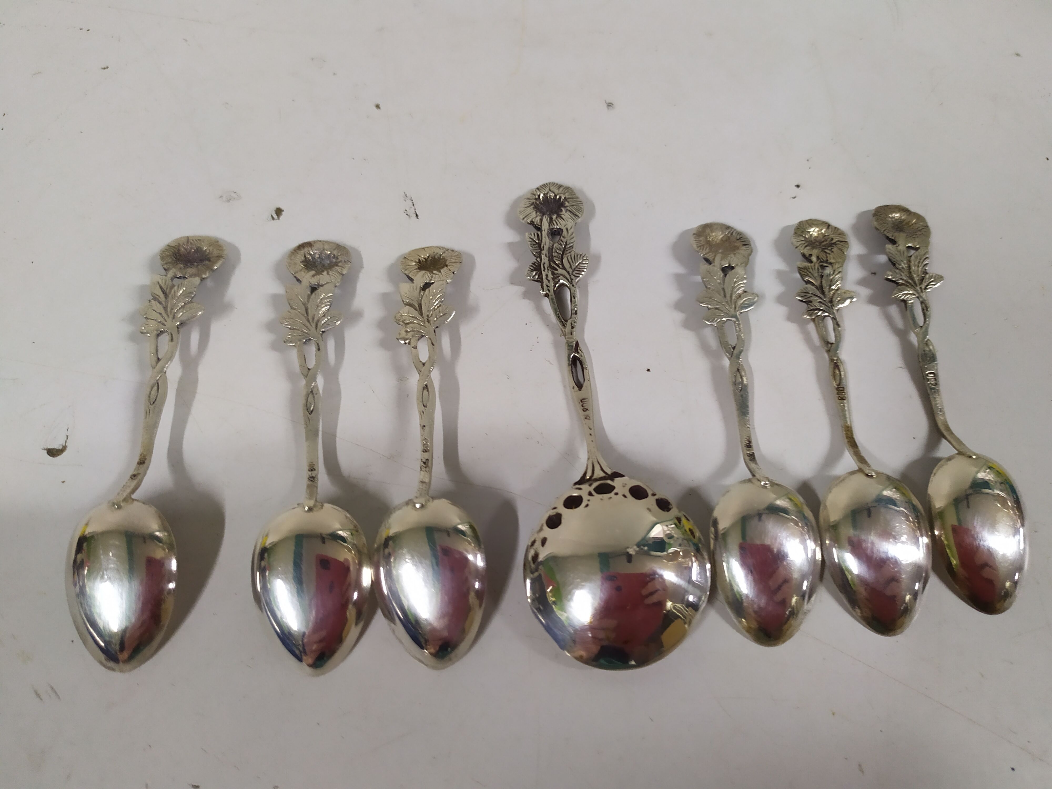Lot de 6 cuilleres a moka cafe et 1 cuillère à sucre argent massif 800 - art déco rose