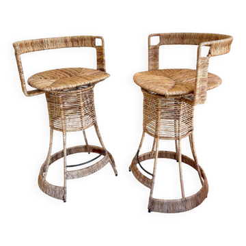 Pair of high rattan stools – creation by Roger Coster, 1970
