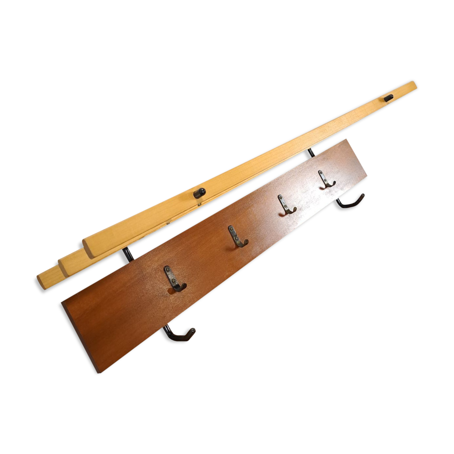 Vintage wall coat rack with black hooks and light wood