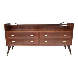 Vintage high-quality walnut chest of drawers with a thick glass top, italy