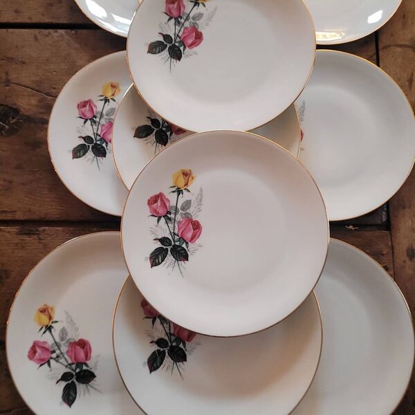 Assiettes plates P.L. France – Roses – Années 50
