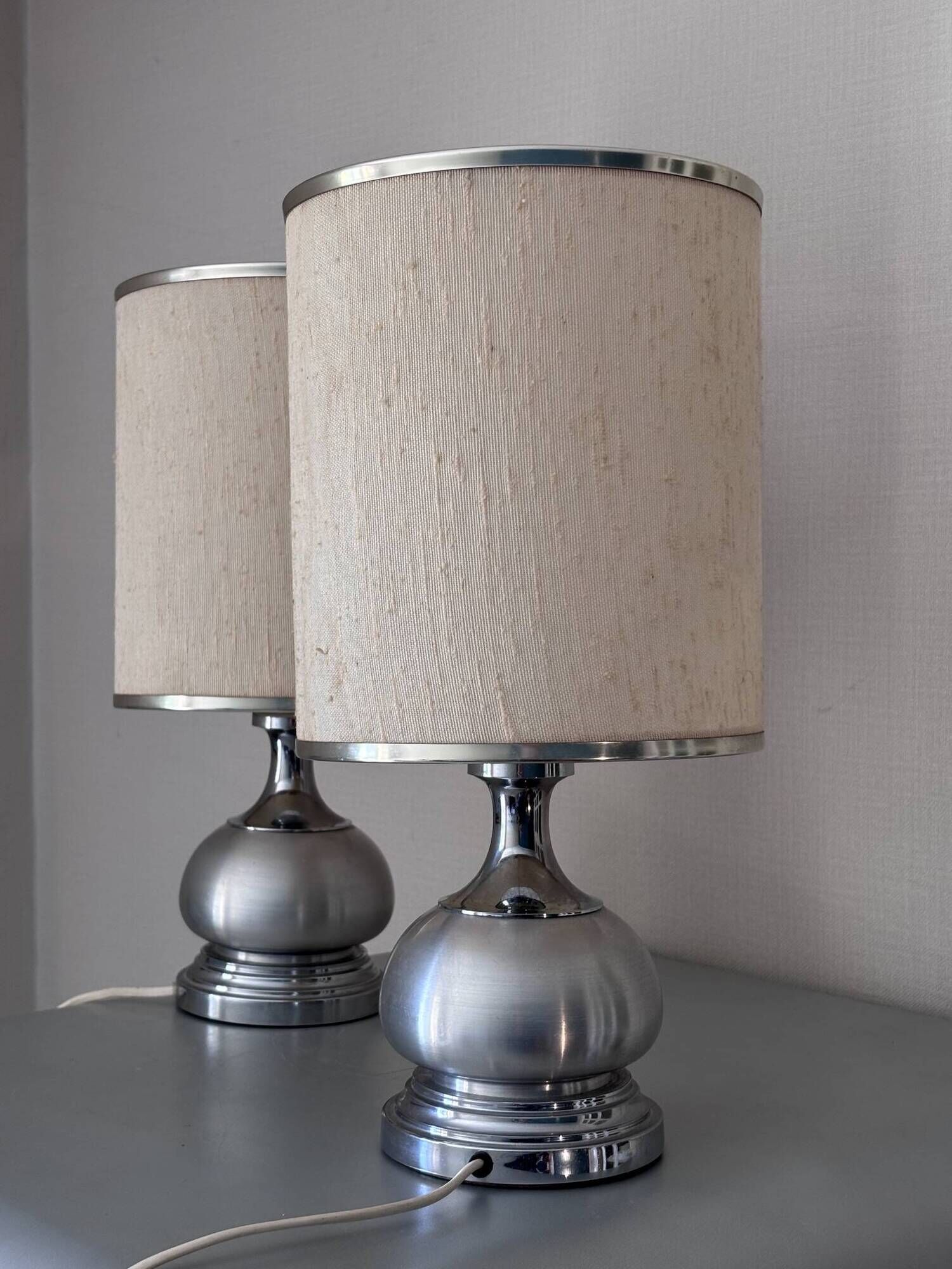 Vintage 1970s Chrome Brushed Metal Bedside Lamps Rewired Space Age
