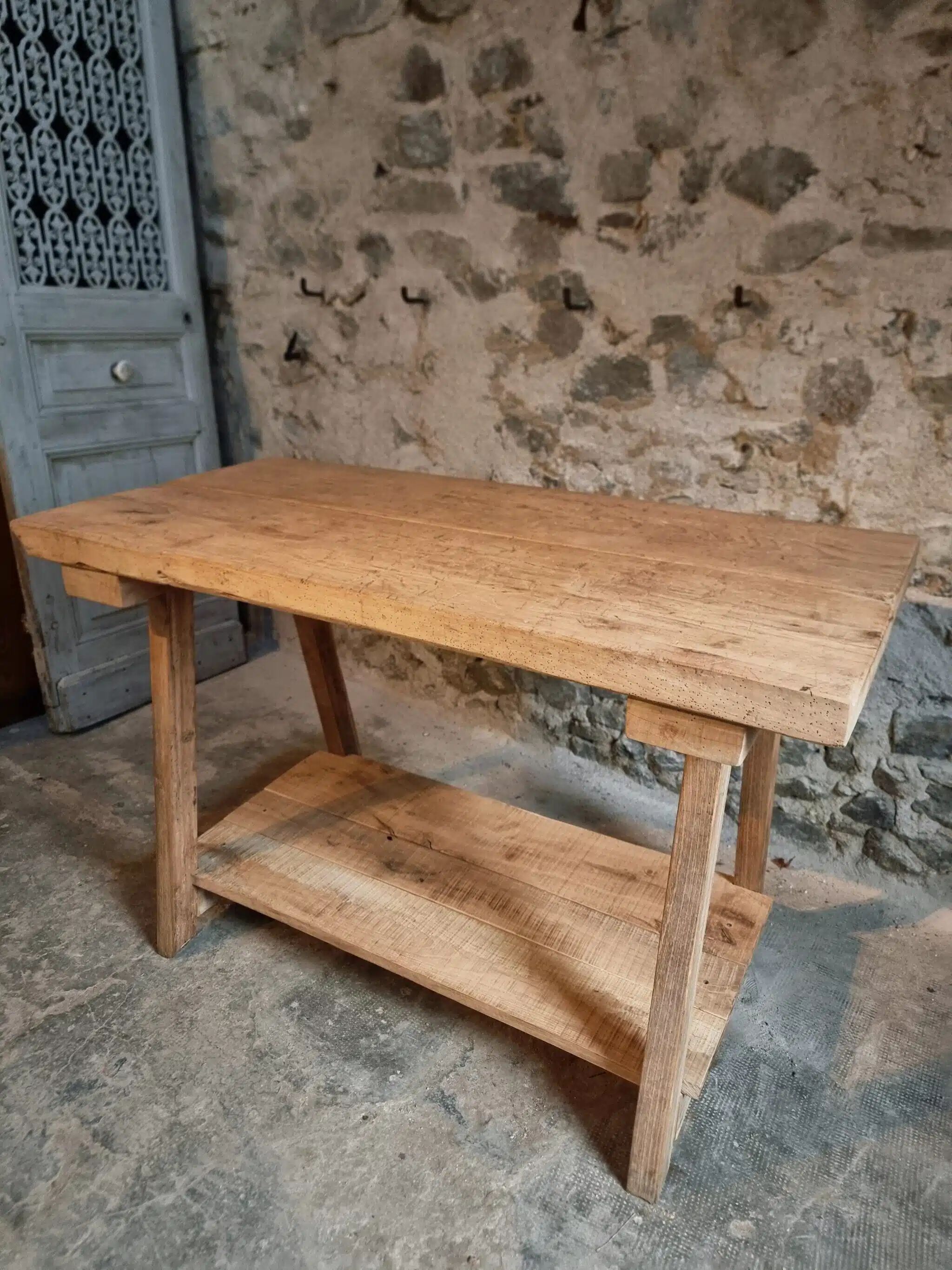 Old French work table / kitchen island / console, beech and chestnut, circa 1930–1950
