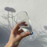 6 clear champagne flutes with blue stems, designer style