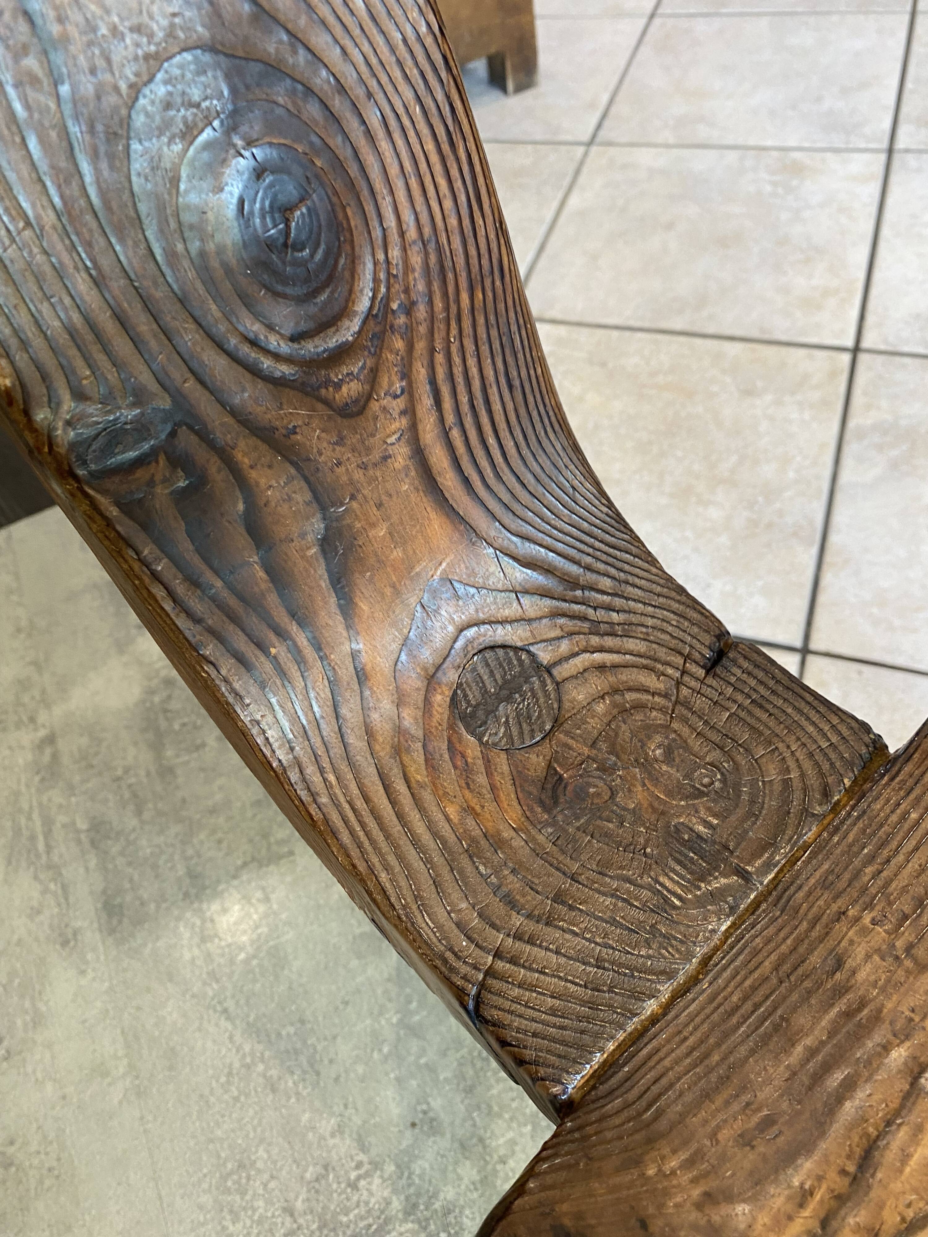 Brutalist tripod chair n1, carved solid wood, antique.