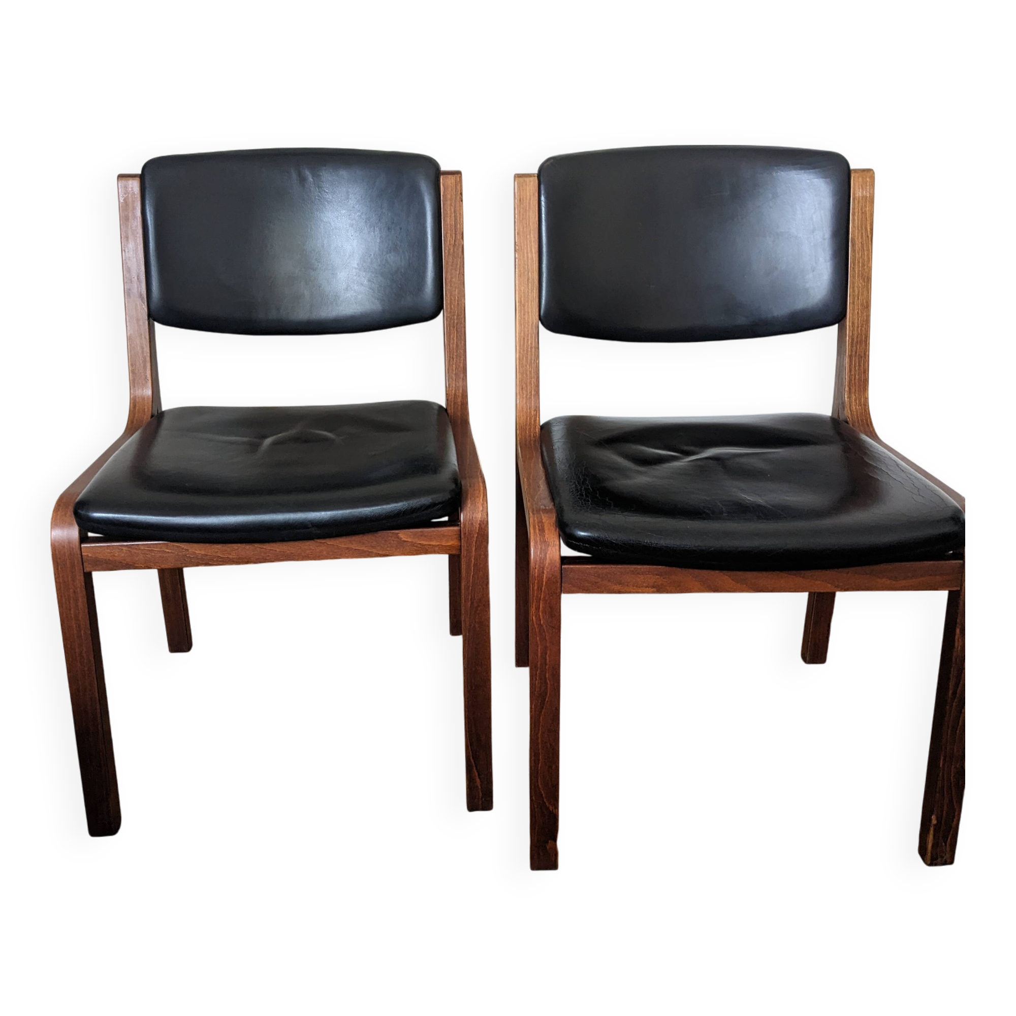 Vintage leather and wood chair pair