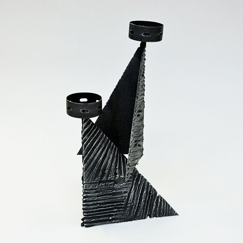 Scandinavian Brutalist Metal Candleholder for Two Candles 1970s