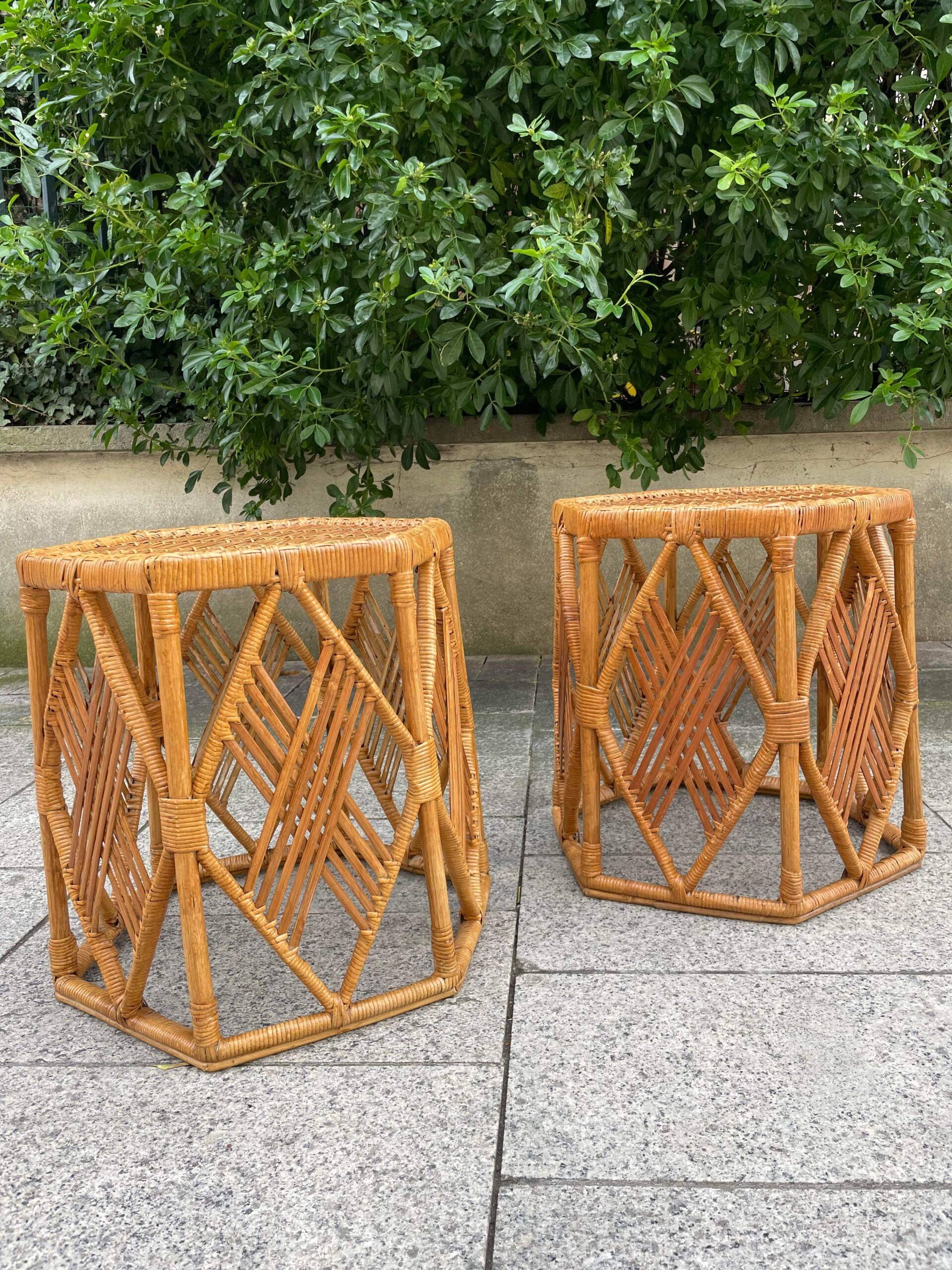 Pair of rattan side or bedside tables