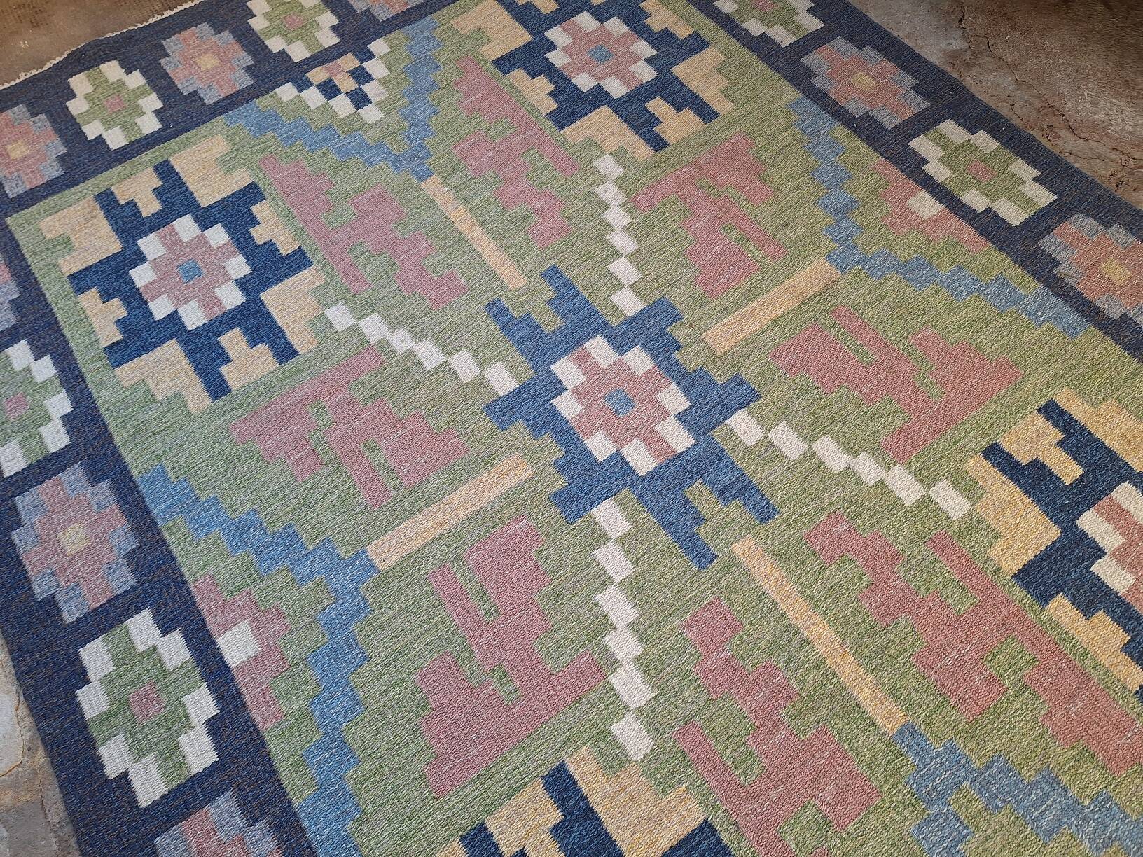 Mid century Scandinavian rug, Swedish wool flatweave with geometric design