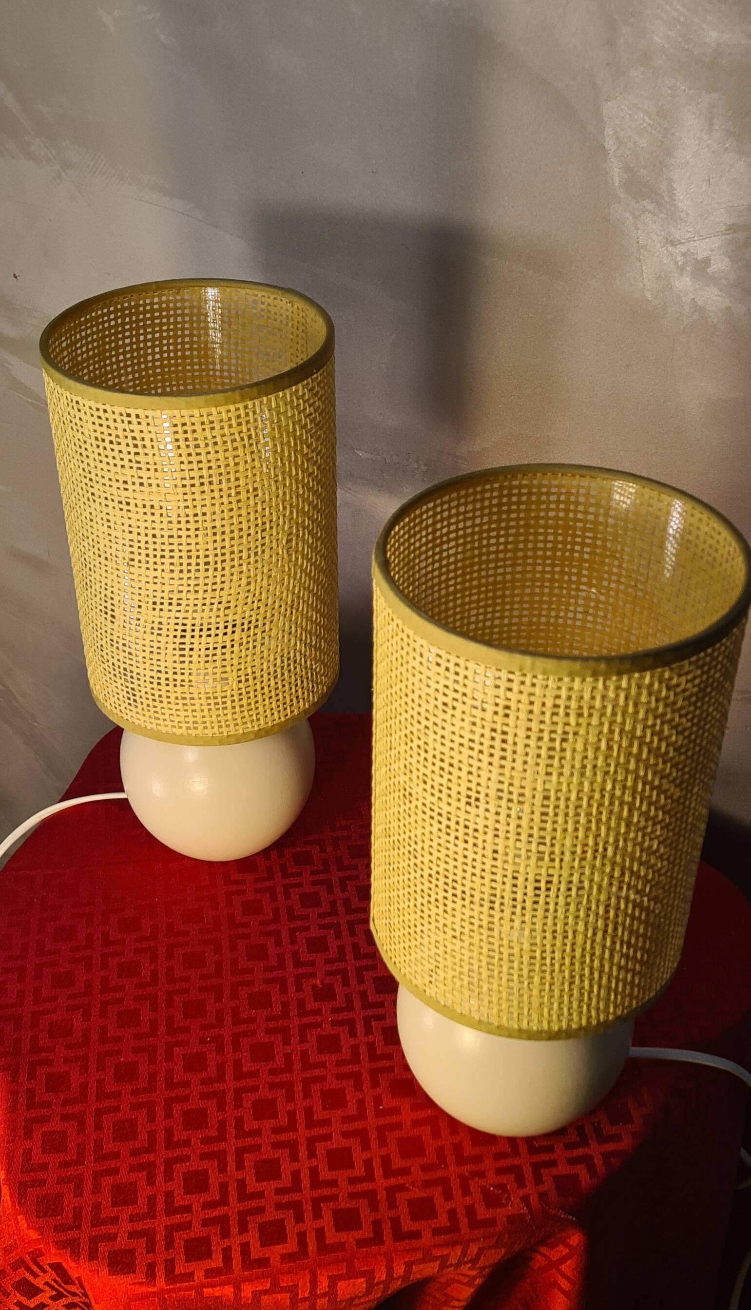 Pair of wooden bedside lamps with rush lampshades, scandinavian