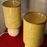 Pair of wooden bedside lamps with rush lampshades, scandinavian