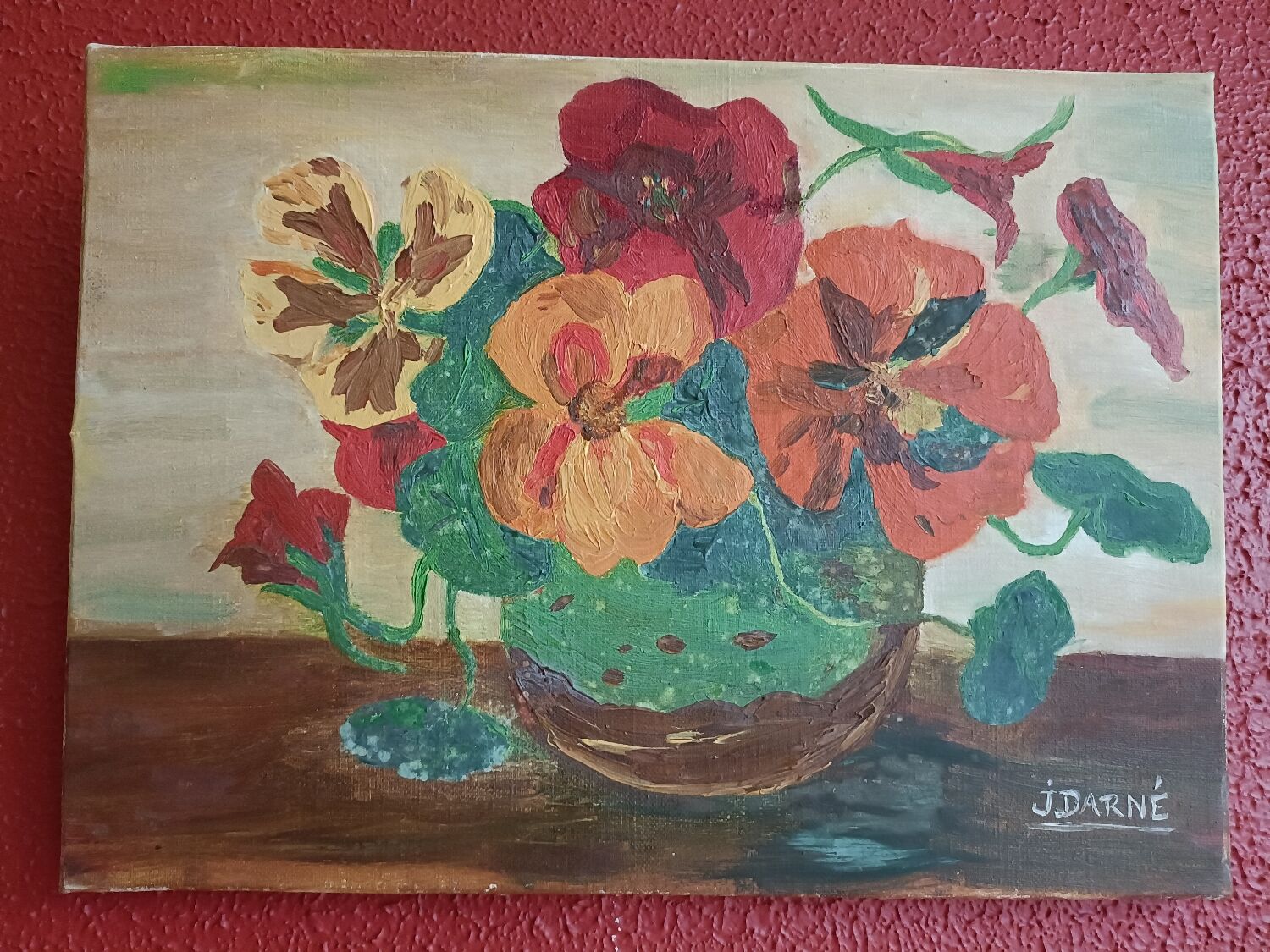 Canvas, cloth, bouquet of flowers, signature
