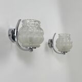 Pair of vintage chrome metal and bubble glass wall lights, France, 1950.