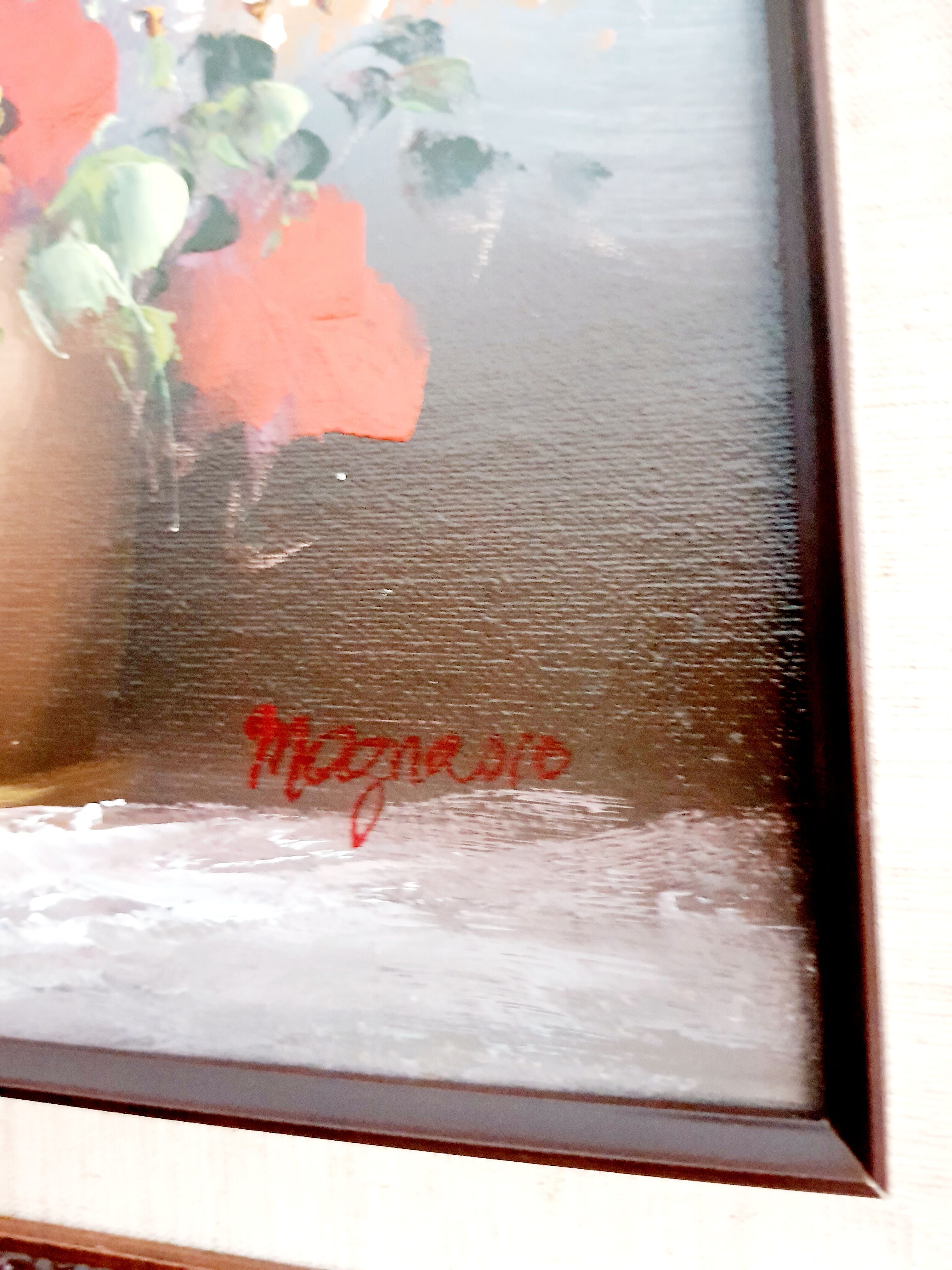 Oil on canvas bouquet of red flowers signed