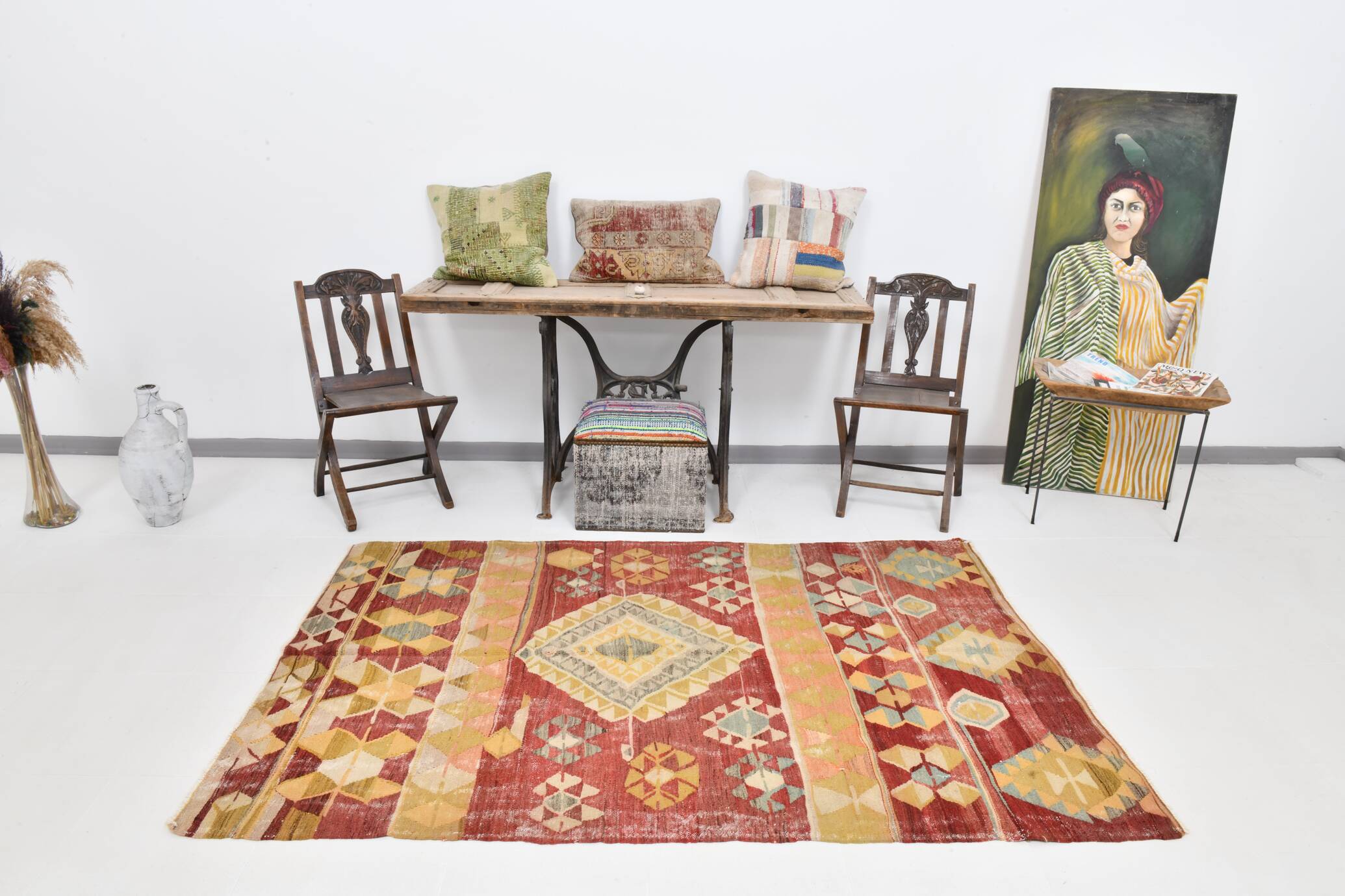 4x7 Red Green Turkish Vintage Kilim Rug 135x210Cm SK 2239