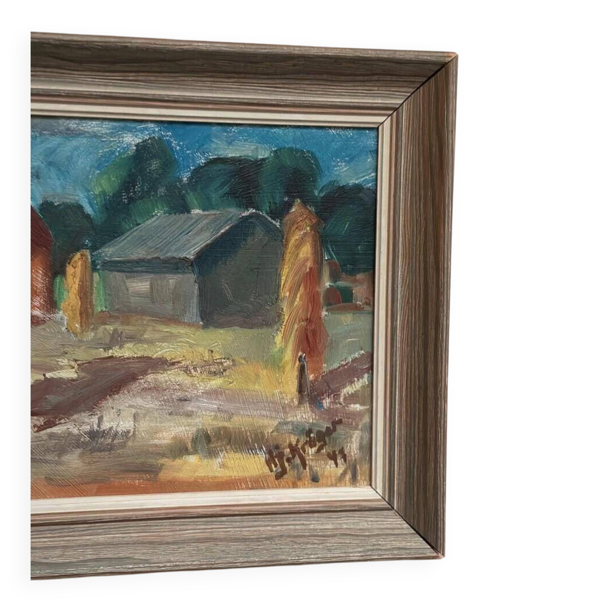 Original Swedish Oil on Panel – “Landscape with Barns” – Vintage & Framed