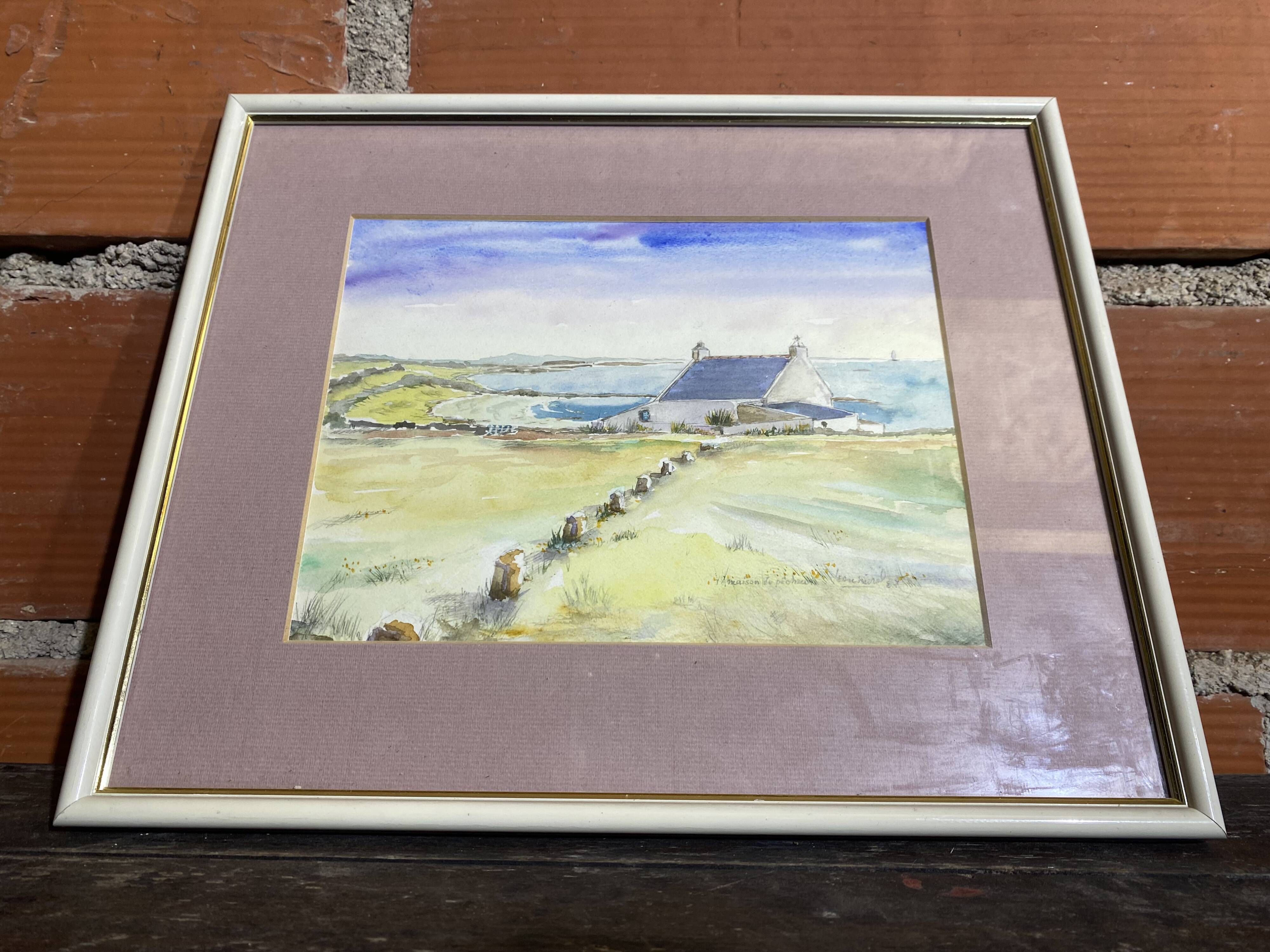 Aquarelle Sur Papier JEAN MOREL Vue Maison De Pêcheurs + Cadre Bois Blanc