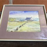 Aquarelle Sur Papier JEAN MOREL Vue Maison De Pêcheurs + Cadre Bois Blanc