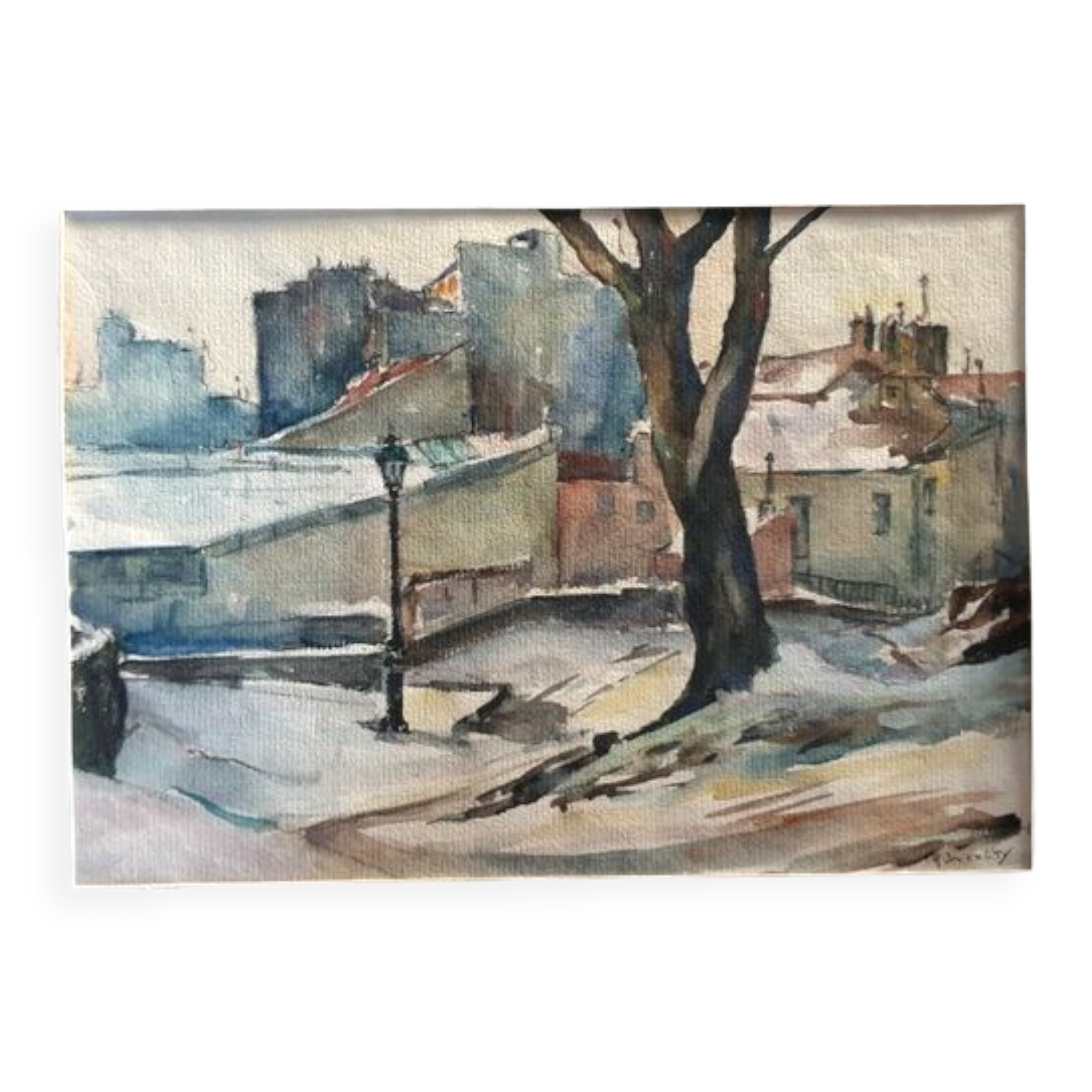 André Duculty (1912-1990) Watercolor on paper "Impasse Dragée sous la neige, Montmartre à Paris"