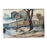 André Duculty (1912-1990) Watercolor on paper "Impasse Dragée sous la neige, Montmartre à Paris"