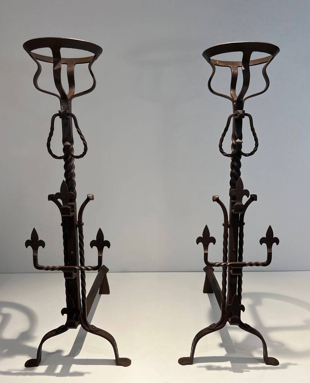 Important Pair of Gothic Wrought Iron Andirons with Fleur-de-Lis