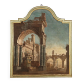 Large ancient architectural painting in tempera on canvas from the 18th century.