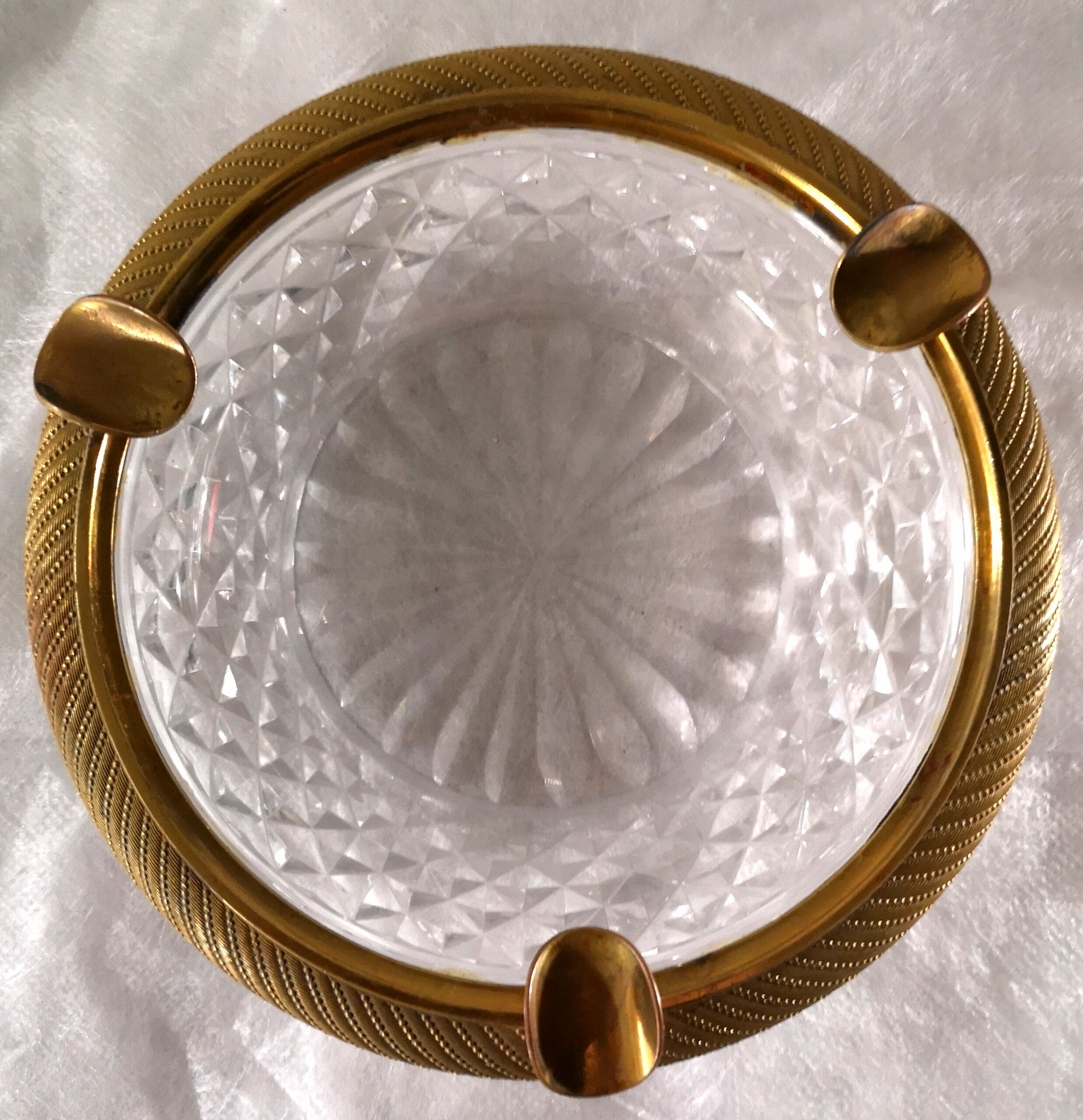 Cut glass and brass ashtray