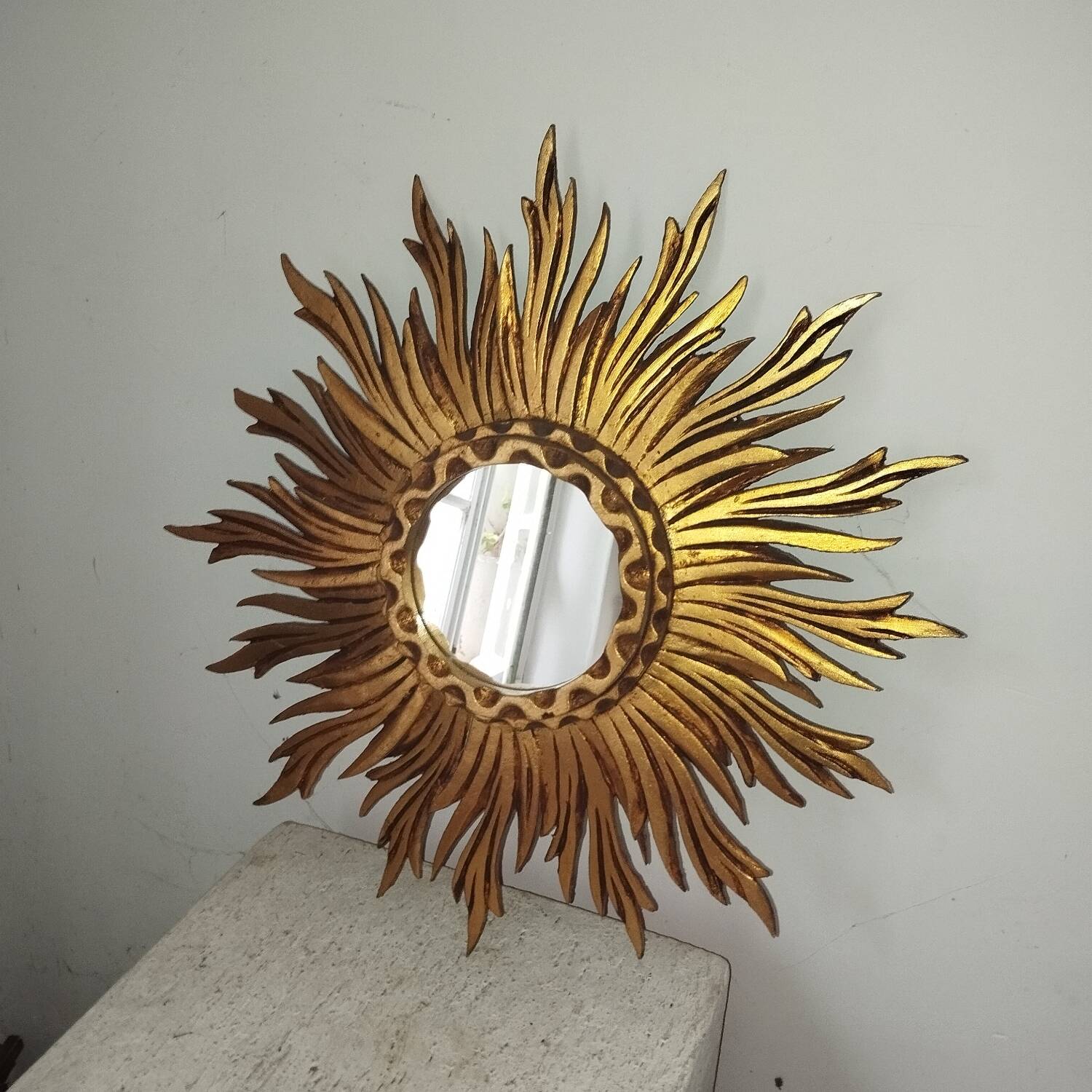 1950s gilded carved wooden sun mirror