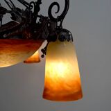 Lustre en fer forgé et pate de verre, Art Deco, Muller Freres, Circa 1920