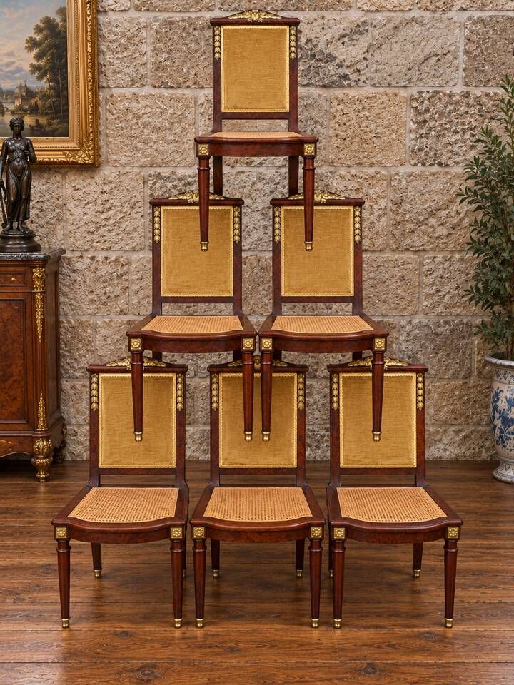 Set of 6 Empire dining chairs – Mahogany, gilded bronze (ombp)