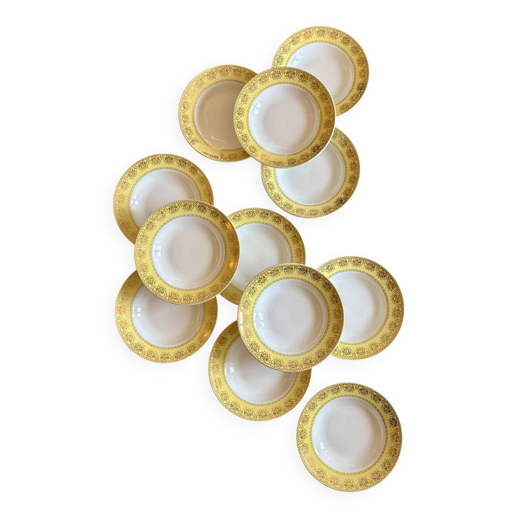 Set of 12 vintage yellow, white and gold soup plates