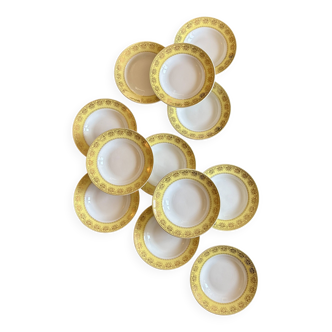 Lot de 12 assiettes creuses vintage jaunes, blanches et dorées