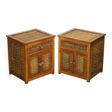 Tables de Chevet Vintage en Rotin avec Tiroir, Set de 2