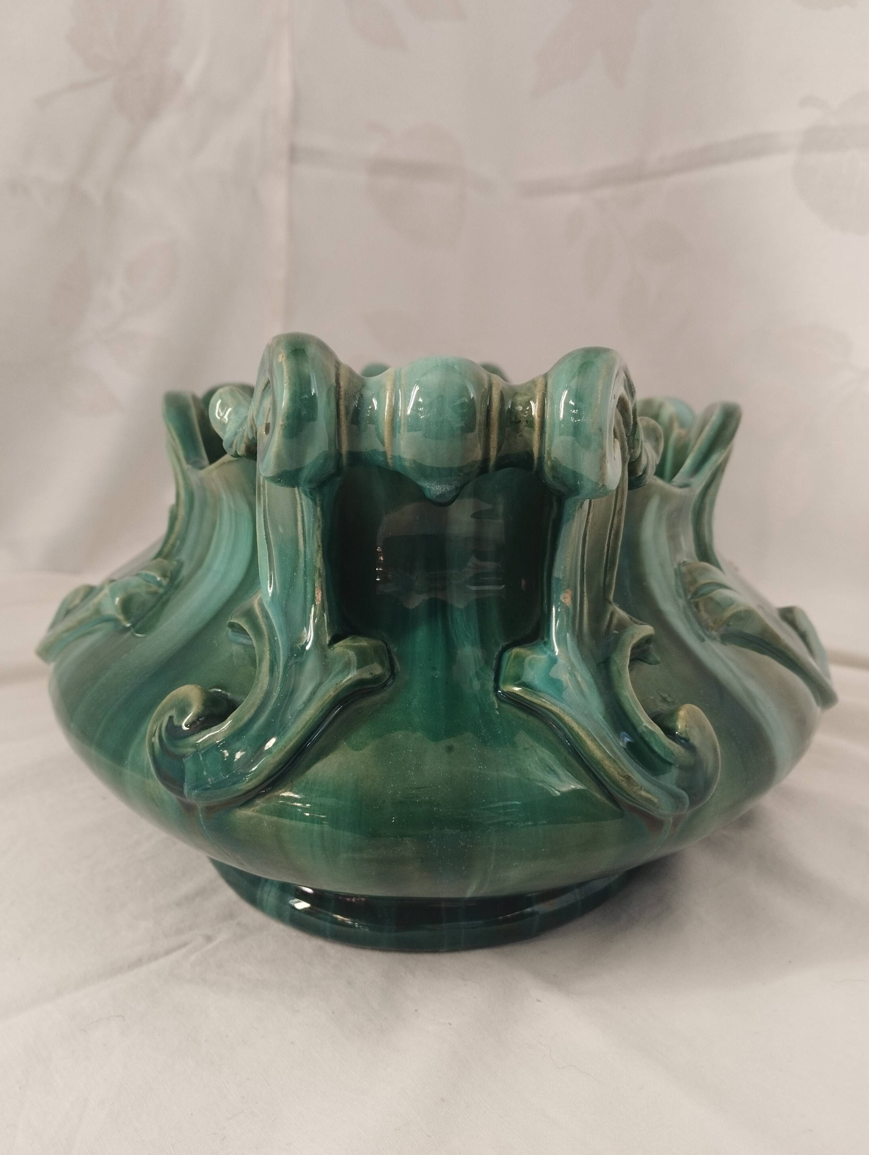 Large turquoise earthenware planter in Art Nouveau style - Jérôme Massier